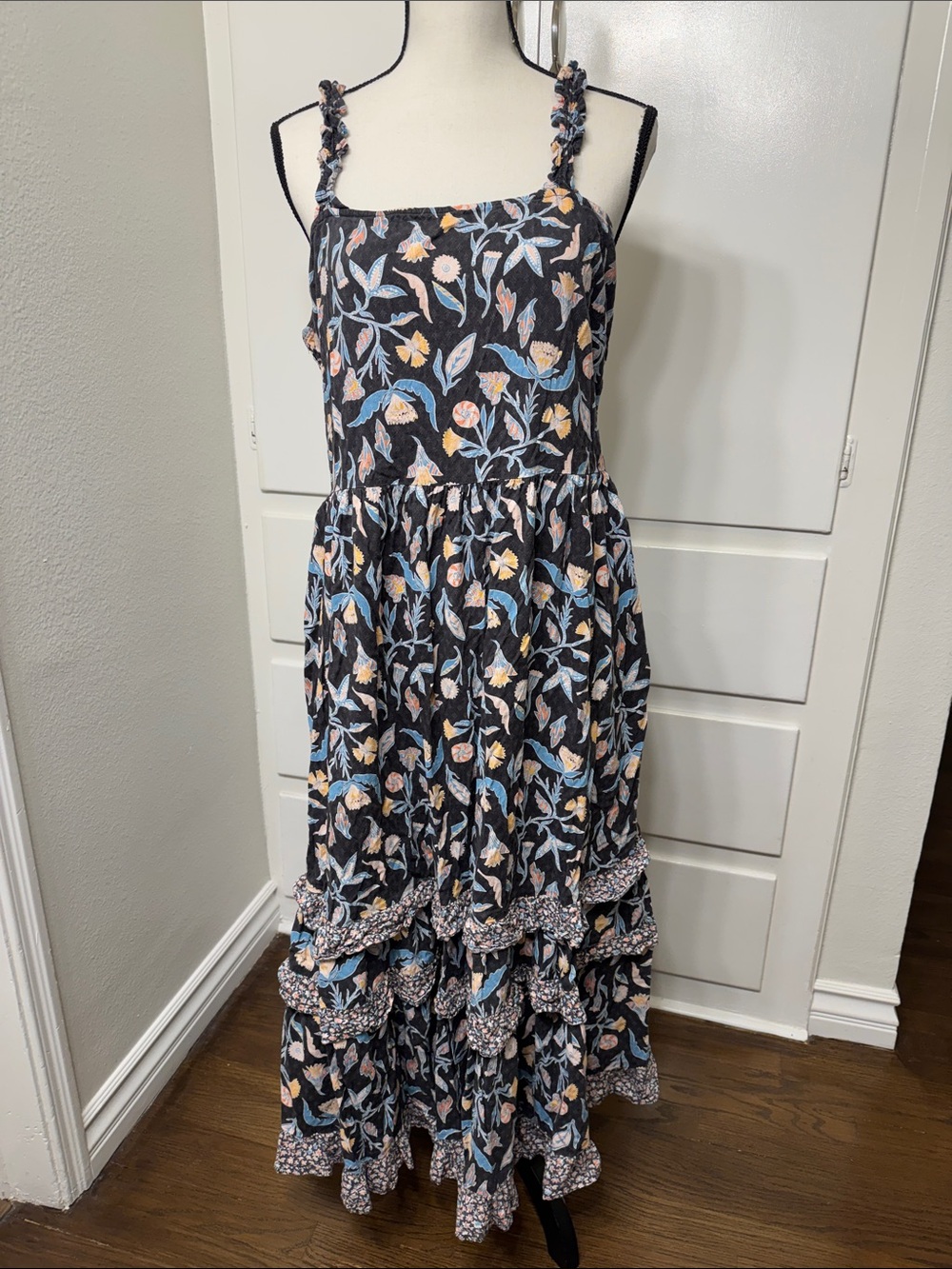 Floral Tiered Maxi Dress - Black with Blue & Cream Floral